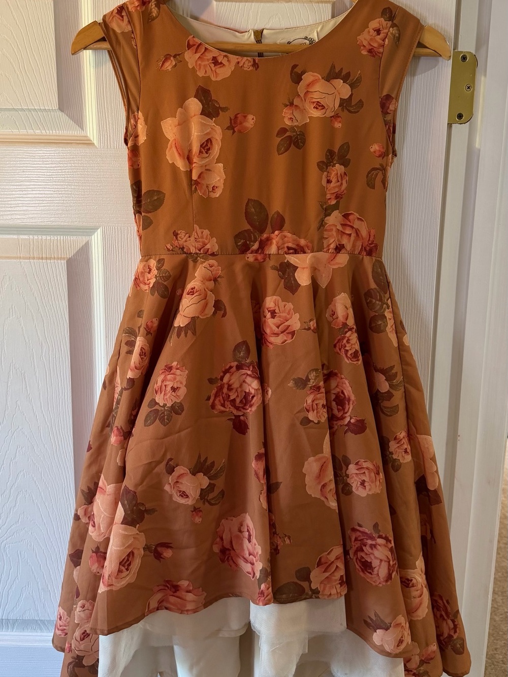 Joyfolie Rust Floral Fit-and-Flare Dress with Pink Roses